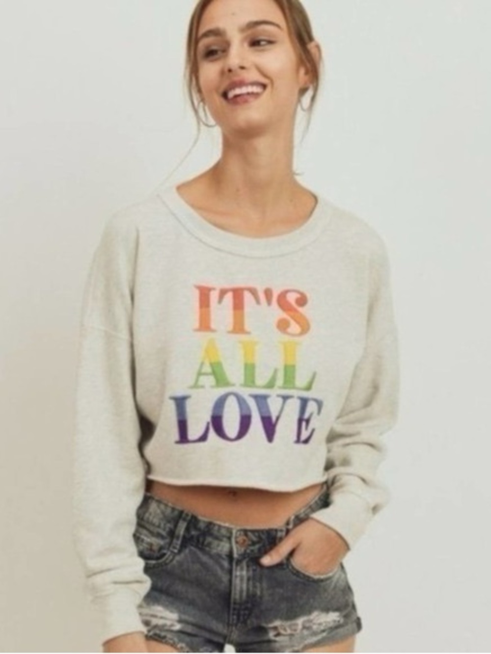 Abercrombie & Fitch It’s All Love Rainbow Pride Cropped Grey Sweatshirt Md